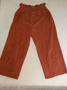 IRIS Burnt Orange Elastic Paperbag Waist Pants with Brown Faux Buttons Wide Leg